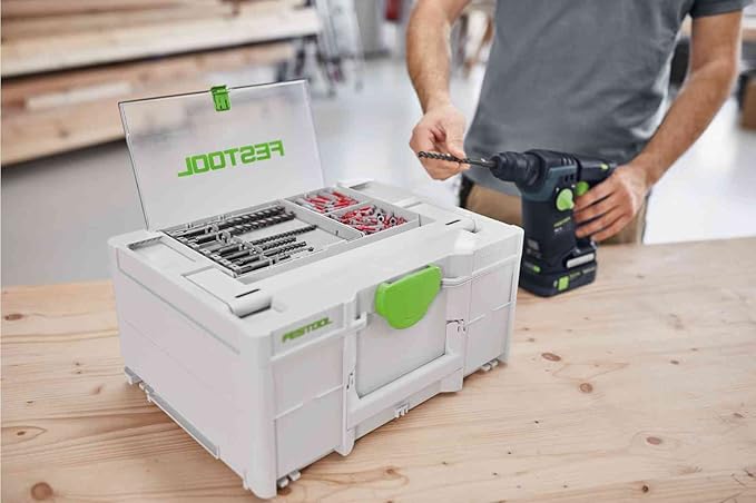 Festool Systainer3 SYS 1.5 with organized tools and accessories inside, transparent lid showing storage compartment