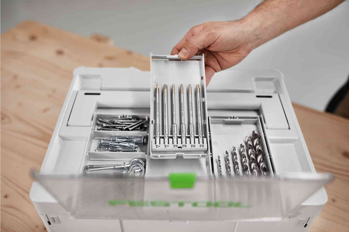 Festool Systainer3 SYS 2 Medium with tools underneath and accessories on top, organized and within easy reach. Transparent lid for quick access