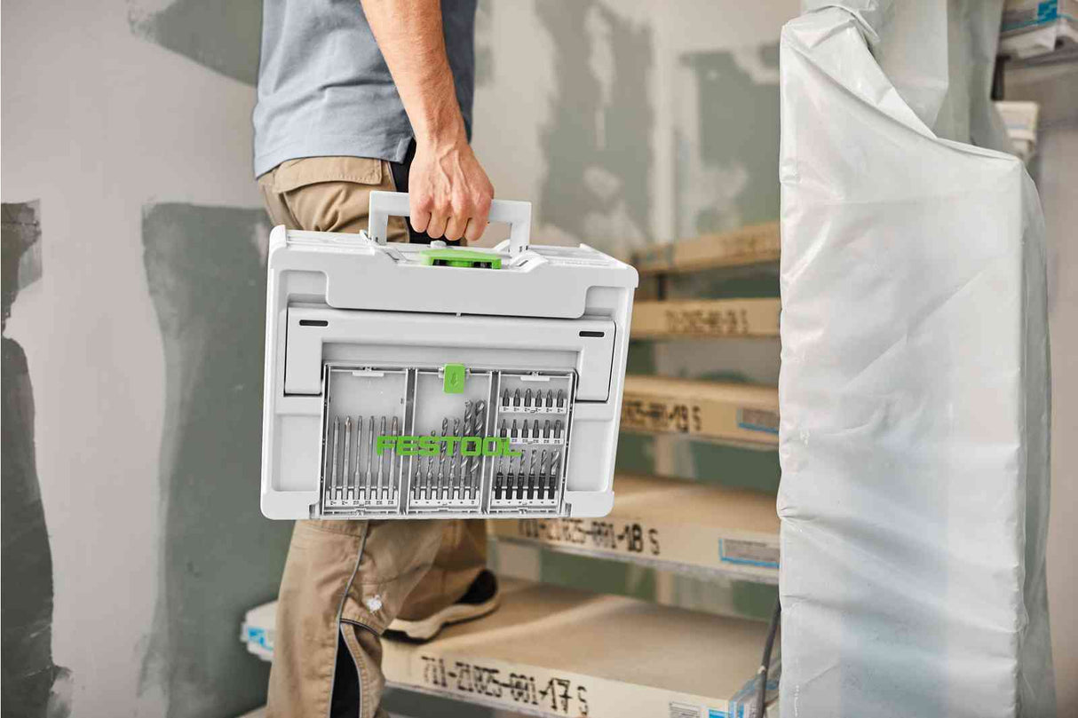 Festool Systainer3 SYS 2 Medium with Storage Lid, tools underneath and accessories on top, organized and within easy reach. Transparent lid