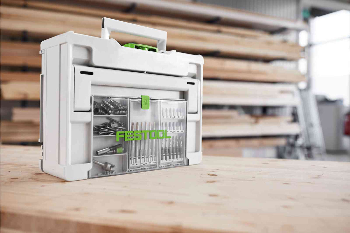 Festool Systainer3 SYS 2 Medium with tools below and accessories above, showcasing organized storage solution