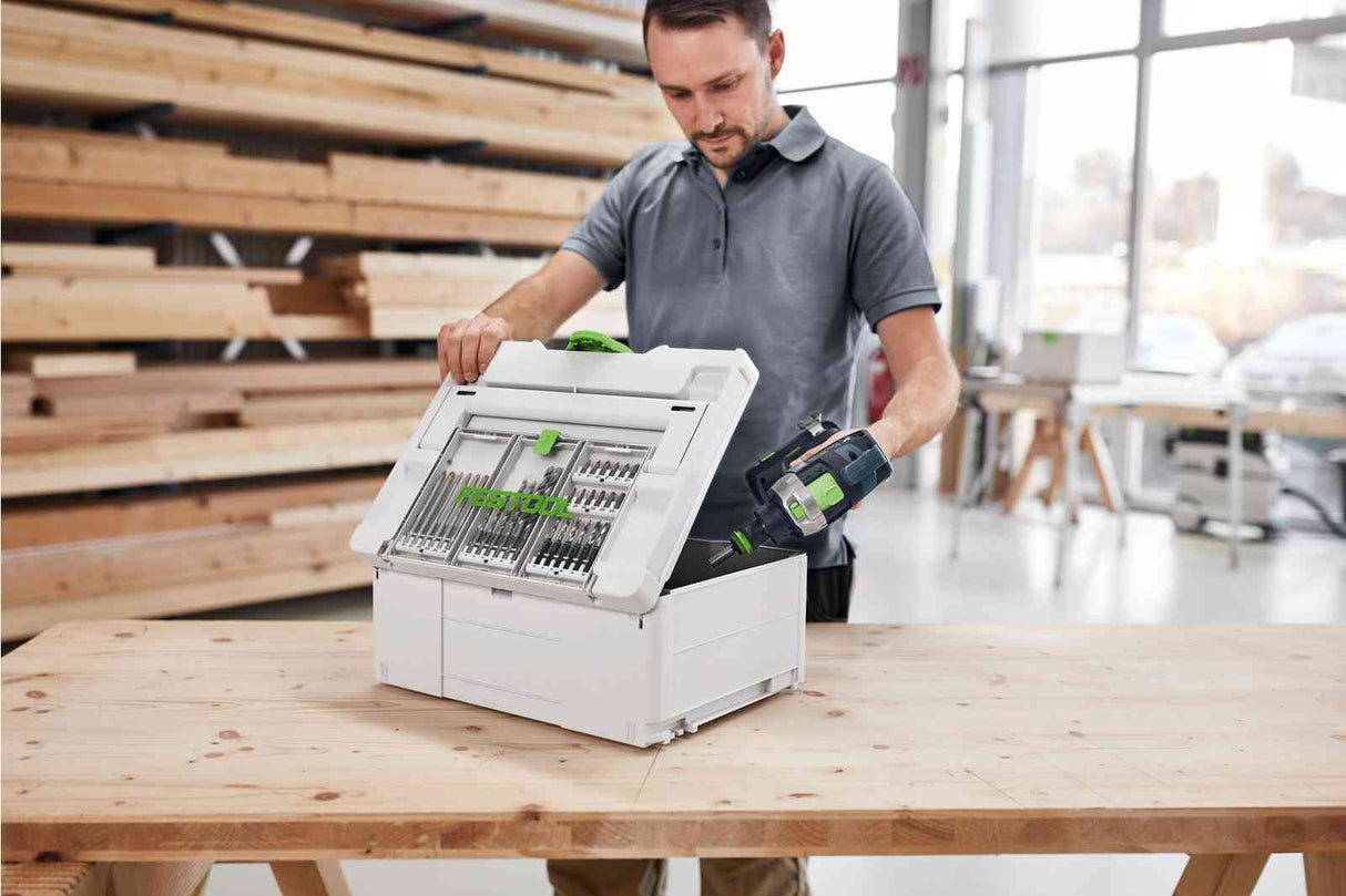 Festool Systainer3 SYS 3 Medium with tools underneath and accessories on top, demonstrating organized storage solution