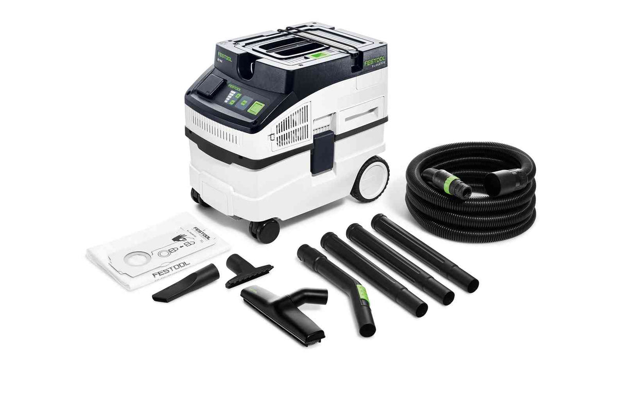 Festool CT 15L HEPA Dust Extractor ideal for construction sites, workshops, and offices, with a 15L container volume