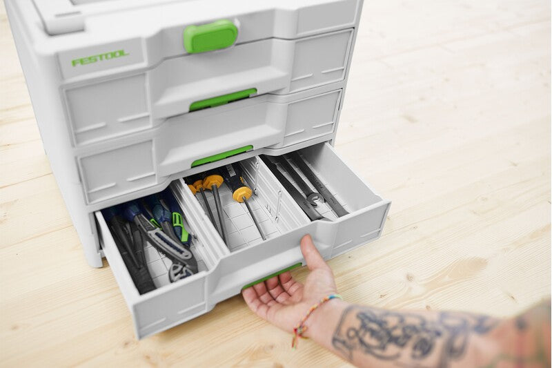 Festool Systainer3 SORTAINER 3 Drawer Storage Box in workshop setting, showcasing its three spacious drawers