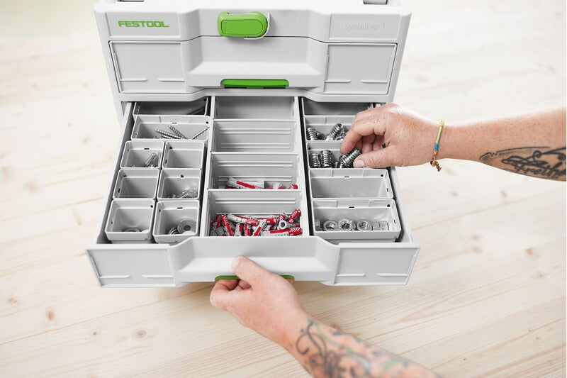 Festool Systainer3 SORTAINER 3 Drawer Storage Box - Detailed view of three organized drawers with partitions for accessories