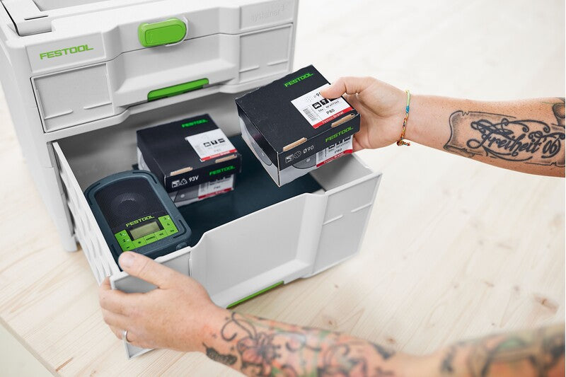 Festool Systainer3 SORTAINER 2 Drawer Storage Box in workshop setting, showcasing accessible storage solution