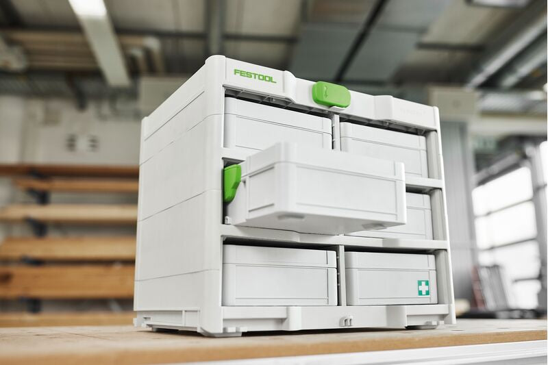 Festool Systainer SYS3 S76 Storage Box shown open, revealing neatly organized small parts and accessories in Australian woodworking tools store