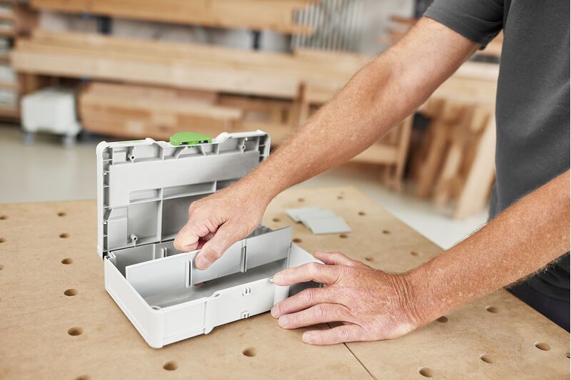 Festool Systainer SYS3 S76 storage box with small parts neatly organized inside, easy to transport