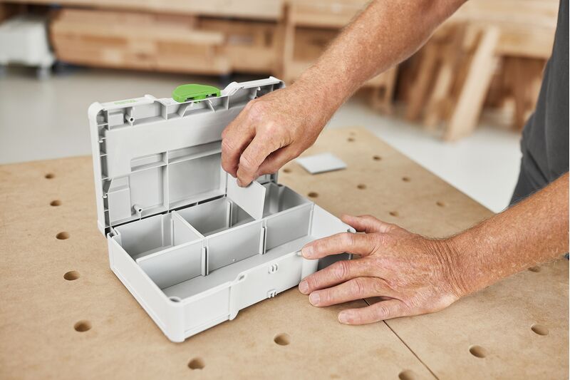 Compact Festool Systainer SYS3 S76 storage box with organized small parts and accessories inside