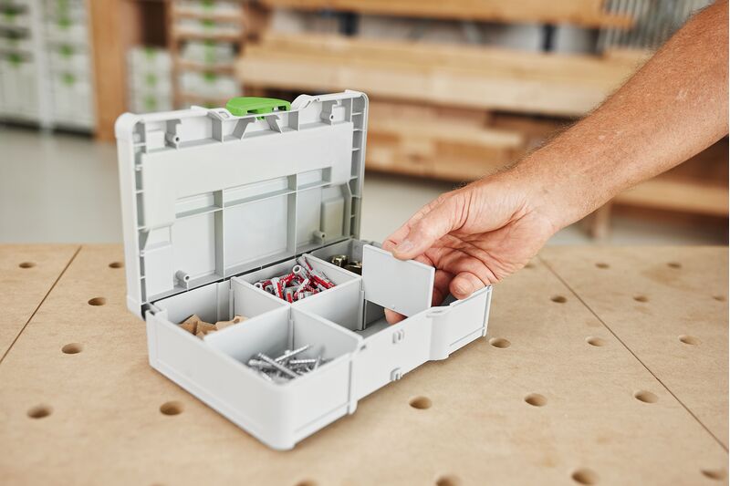 Compact Festool Systainer SYS3 S76 storage box, ideal for organizing small parts and accessories, featuring a convenient handle for easy transport