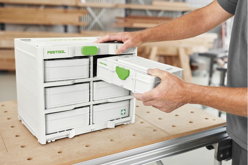 Festool Systainer3 Rack SYS3 Storage Rack, angled view of mobile organisation system with six MINI-Systainers S 76