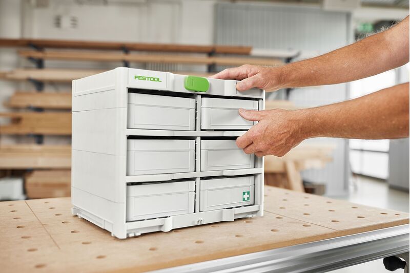 Festool Systainer3 Rack SYS3 Storage Rack with six MINI-Systainer S 76 products arranged on a mobile organisation system shelf