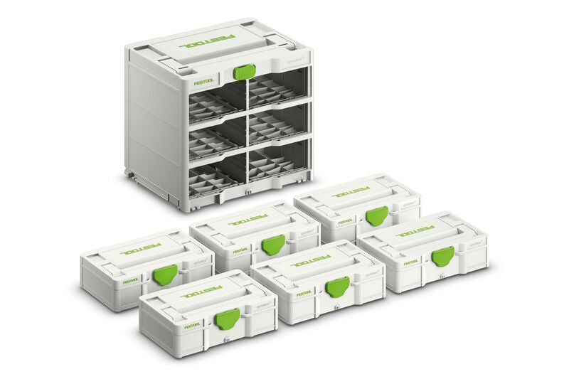 Festool Systainer3 Rack SYS3 Storage Rack with six MINI-Systainer S 76 slots, organized in a mobile system