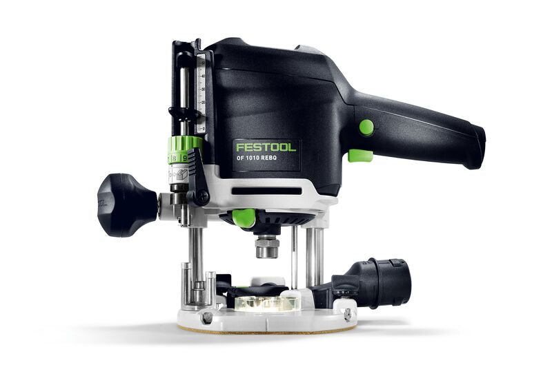 Festool OF 1010R Plunge Router with LED light ring in Systainer, showing adjustable parallel side fence