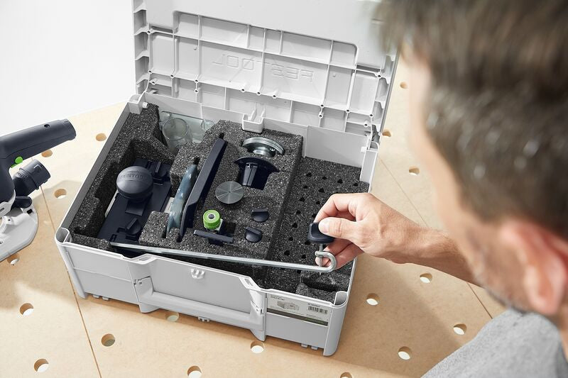 Festool Router Accessory Systainer Set for OF 1010 Plunge Router with guide rail adapters and more, neatly stowed