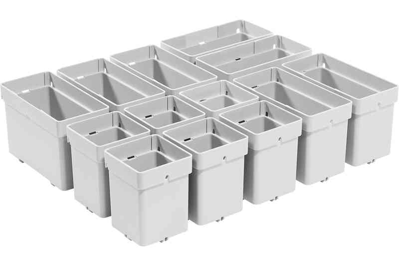 Plastic container set with 13 boxes in two sizes, designed for Sortainer or Systainer Combi drawers. Organised storage solution