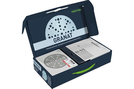 Festool Granat Abrasive Disc Starter Set 150mm 48 Hole in use on woodworking project