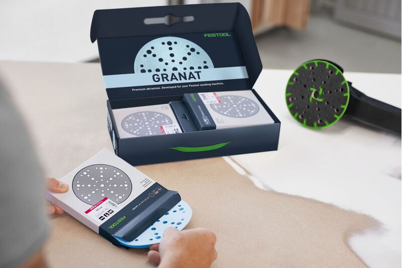 Festool Granat Abrasive Disc Starter Set 150mm 48 Hole in use on woodworking project