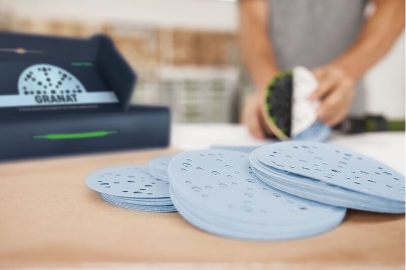 Festool Granat Abrasive Disc Starter Set 150mm 48 Hole in use, showcasing high-quality performance
