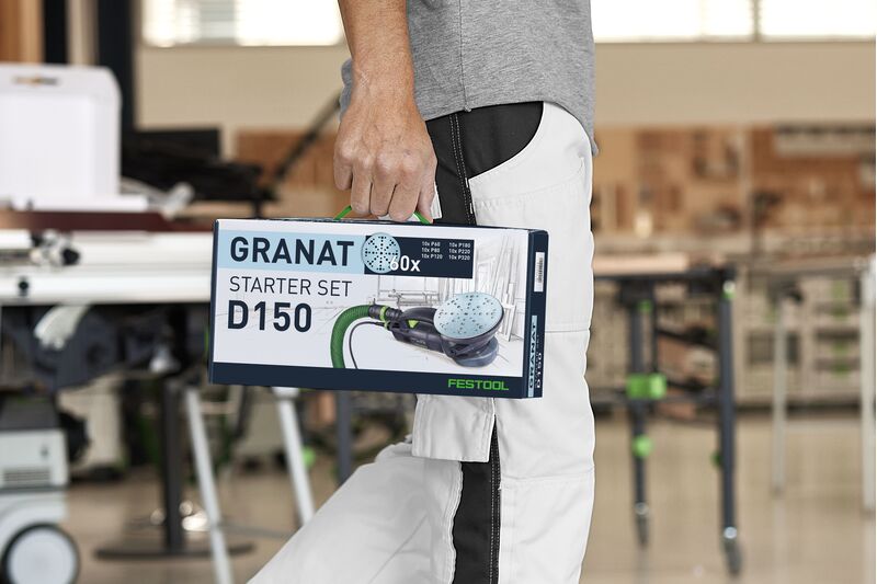 Festool Granat Abrasive Disc Starter Set 150mm 48 Hole - Close-up of abrasives on sanding disc