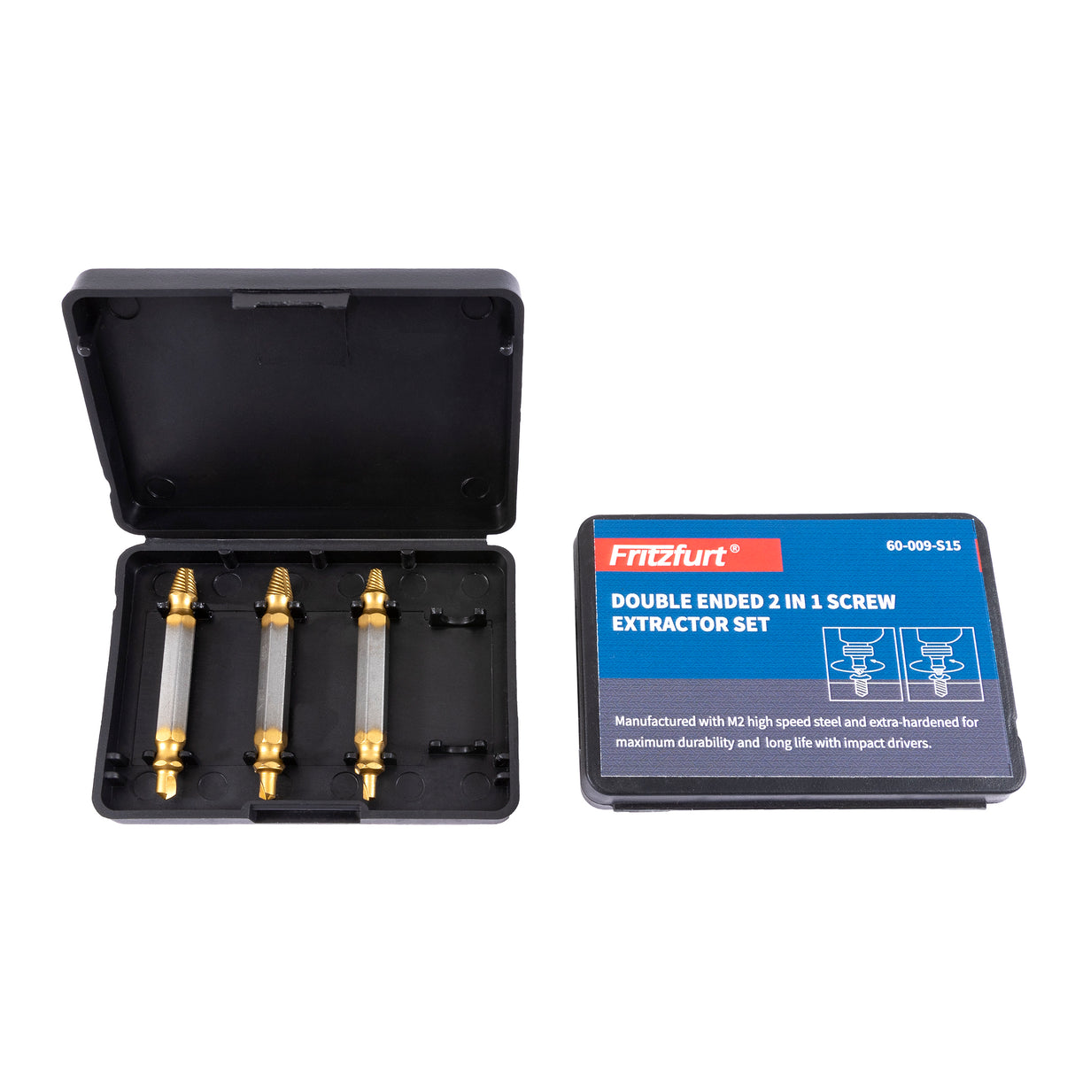 Fritzfurt Set of 3 Double-Ended 2-in-1 Screw Extractors, angled view showing high-speed steel construction