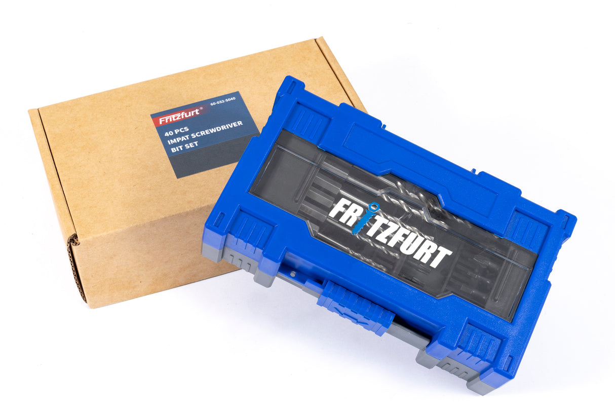 Fritzfurt Set of 40 Impact Driver Drill Bits, made with S2 & HSS steel, in use with a heavy-duty impact driver
