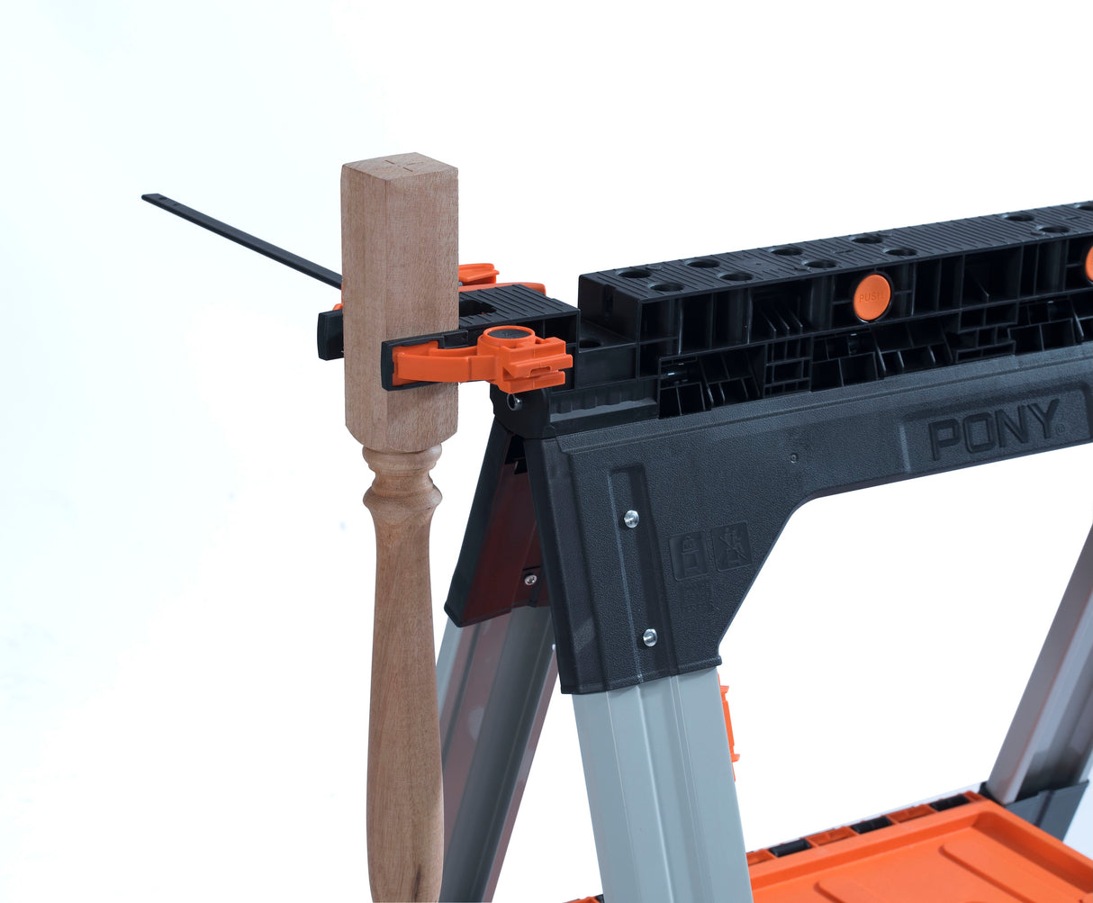 Pony Jorgensen 2-Piece Clamping Sawhorse with clamps and bench dogs folded for compact storage