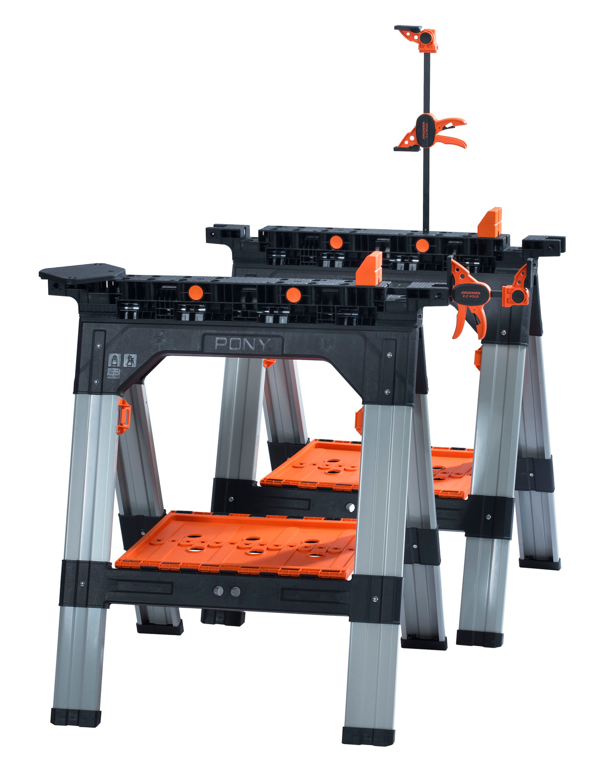 Pony Jorgensen 2-Piece Clamping Sawhorse with Clamps & Bench Dogs in use on woodworking project