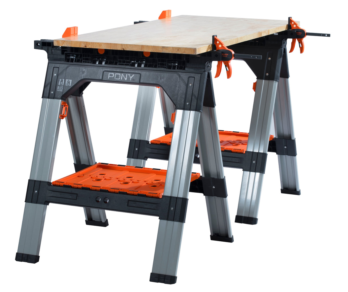 Pony Jorgensen 2-Piece Clamping Sawhorse with Clamps & Bench Dogs in use