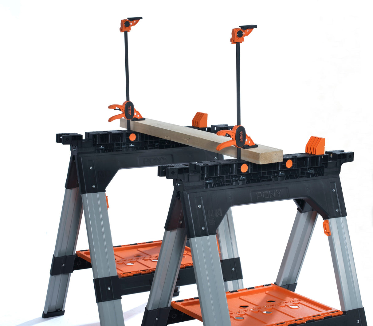 Pony Jorgensen 2-Piece Clamping Sawhorse with Clamps and Bench Dogs in use