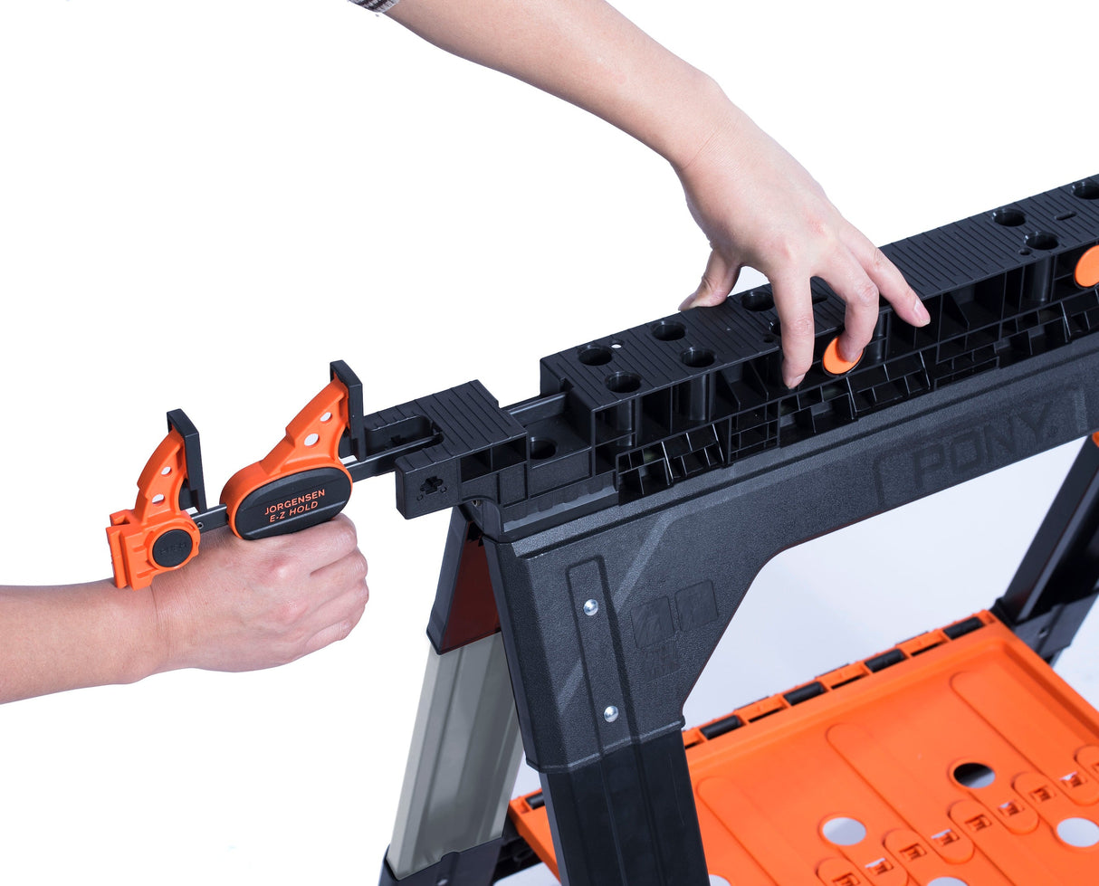 Pony Jorgensen 2-Piece Clamping Sawhorse with clamps and bench dogs, ideal for compact and sturdy woodworking support