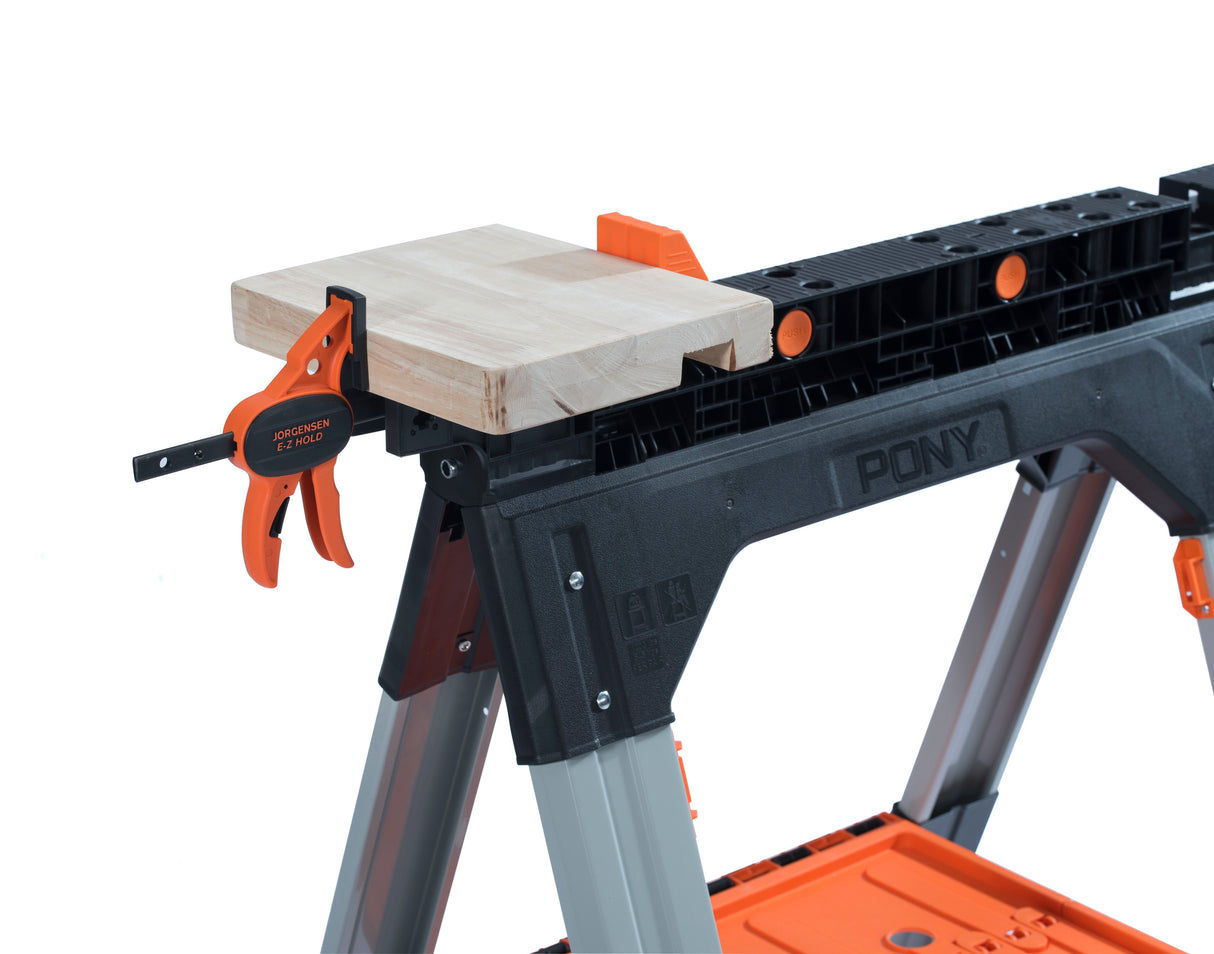 Pony Jorgensen 2-Piece Clamping Sawhorse with Clamps & Bench Dogs in use