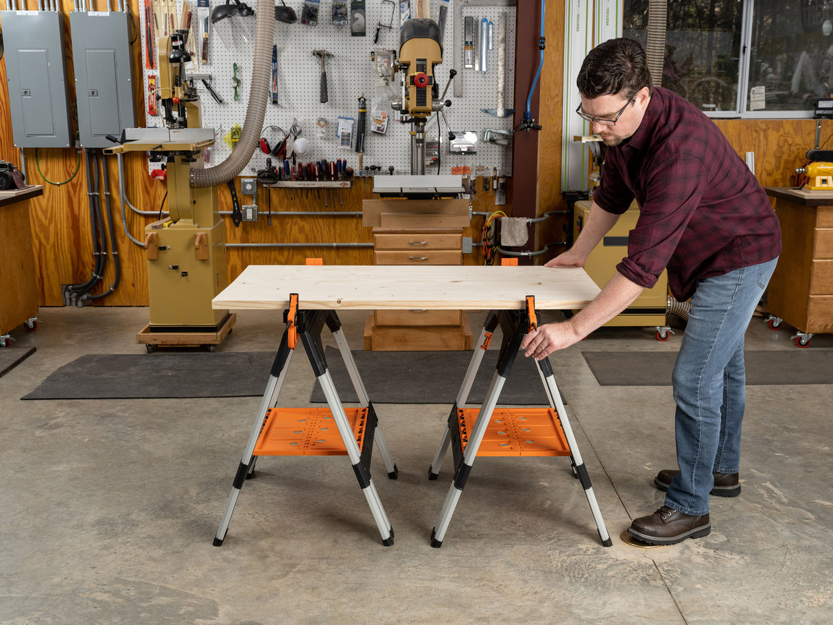 Pony Jorgensen 2-Piece Clamping Sawhorse with Clamps and Bench Dogs in use on a woodworking project
