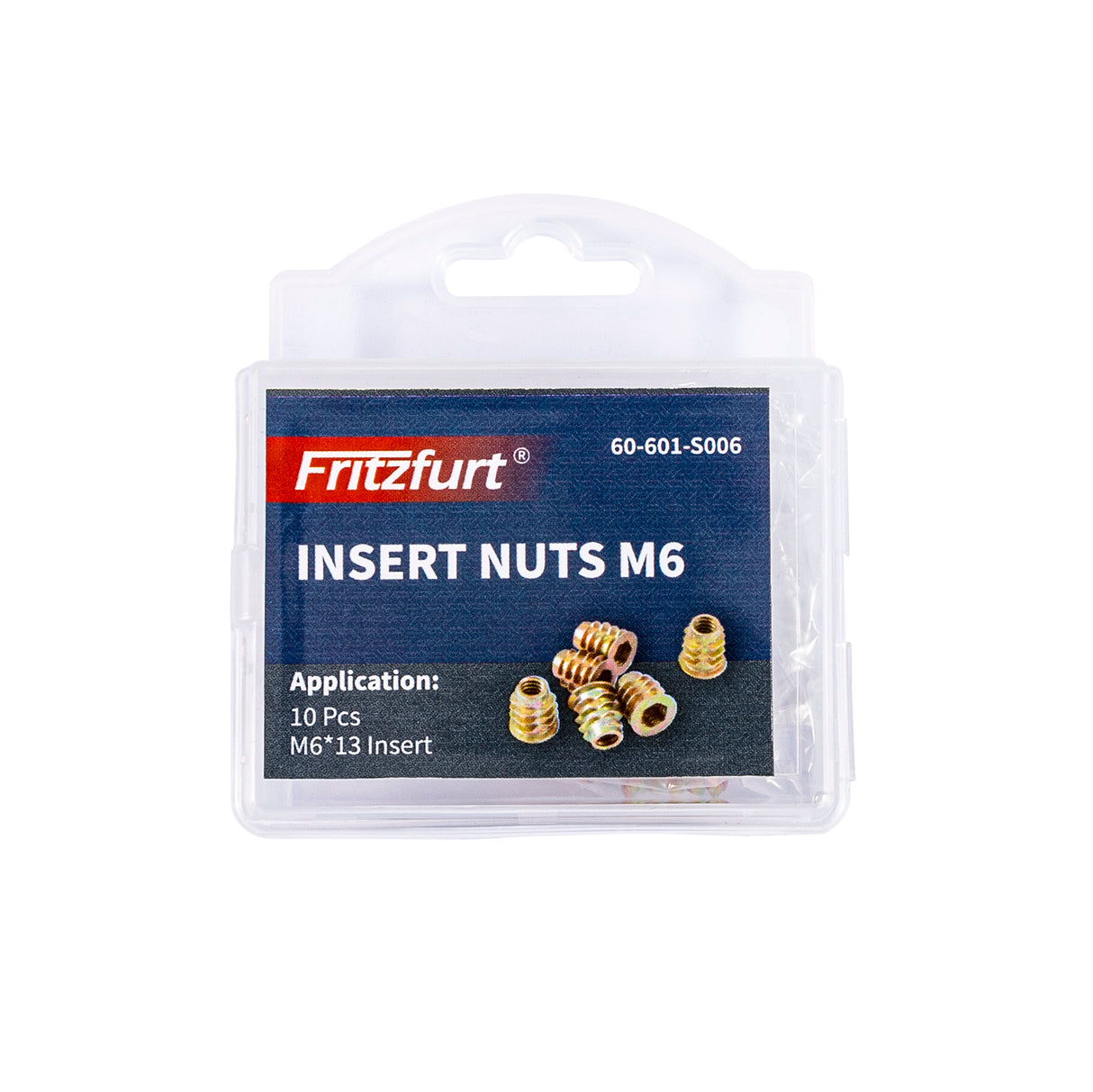 Pack of 10 M6 Fritzfurt Threaded Insert Nuts, ideal for woodworking jigs and fixtures, securely fixed in wooden surfaces