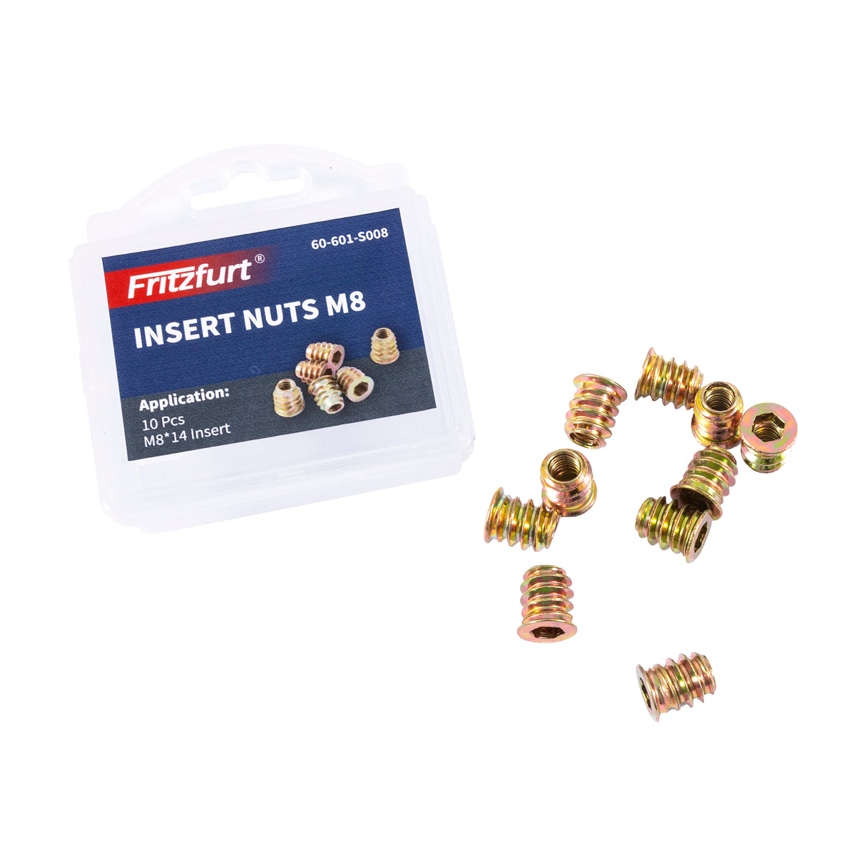 Pack of 10 M8 threaded insert nuts for woodworking fixtures, ideal for secure fixes in wooden surfaces