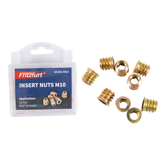 Pack of 10 M10 threaded insert nuts by Fritzfurt, ideal for jigs, fixtures, and woodworking projects