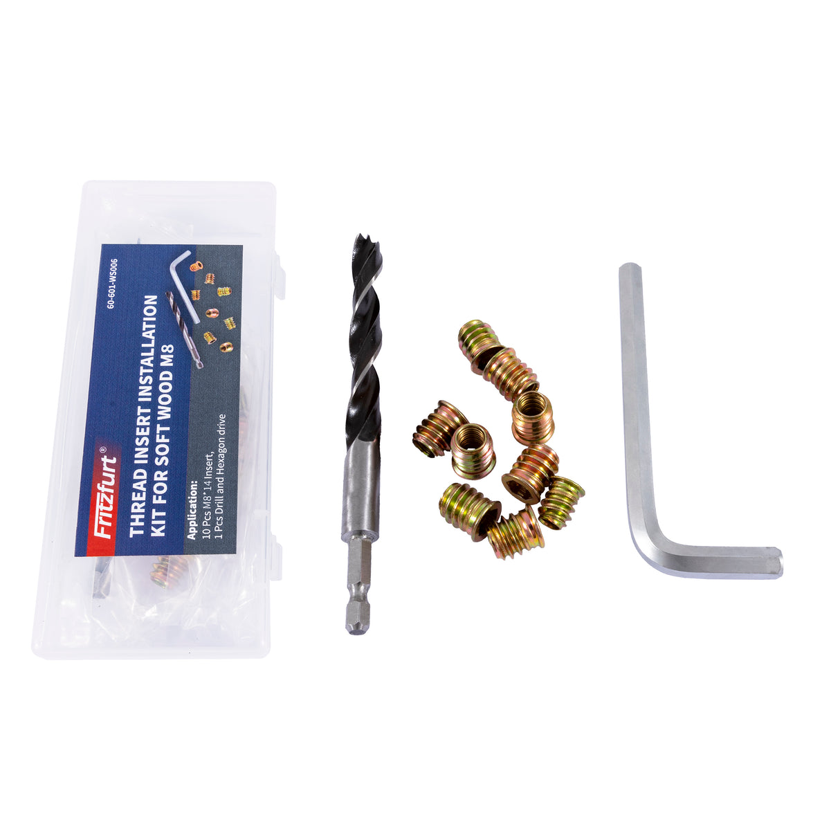 Fritzfurt Threaded Insert Nut Installation Kit M8 Pack of 10 being used on wooden surface