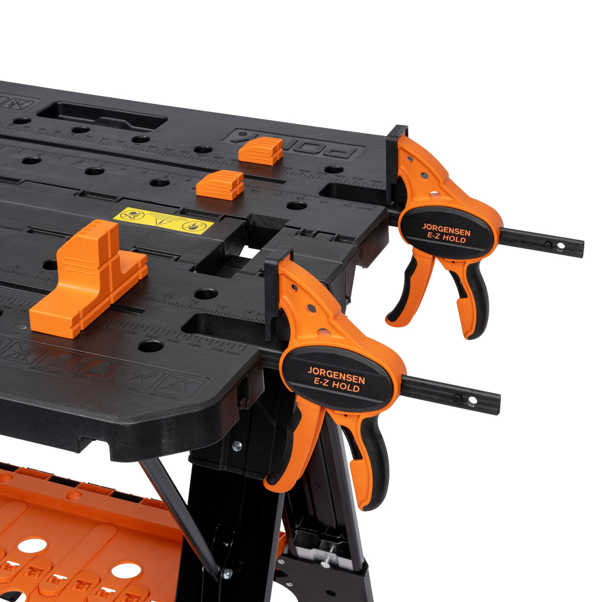 Pony Jorgensen 2-IN-1 Clamping Worktable & Sawhorse with clamps and accessories in use