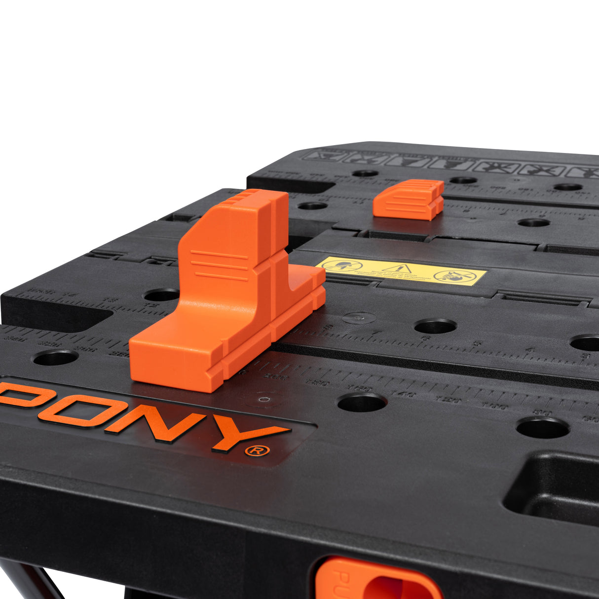 Portable Pony Jorgensen clamping worktable and sawhorse with accessories in use on a woodworking project