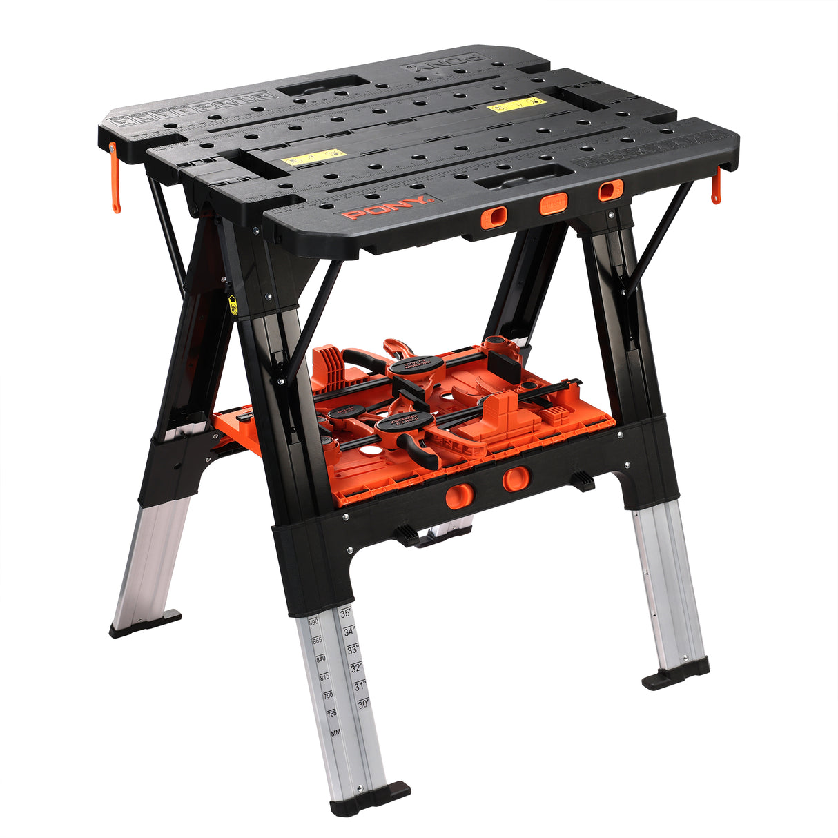Pony Jorgensen 2-IN-1 Clamping Worktable & Sawhorse in use with clamps and accessories