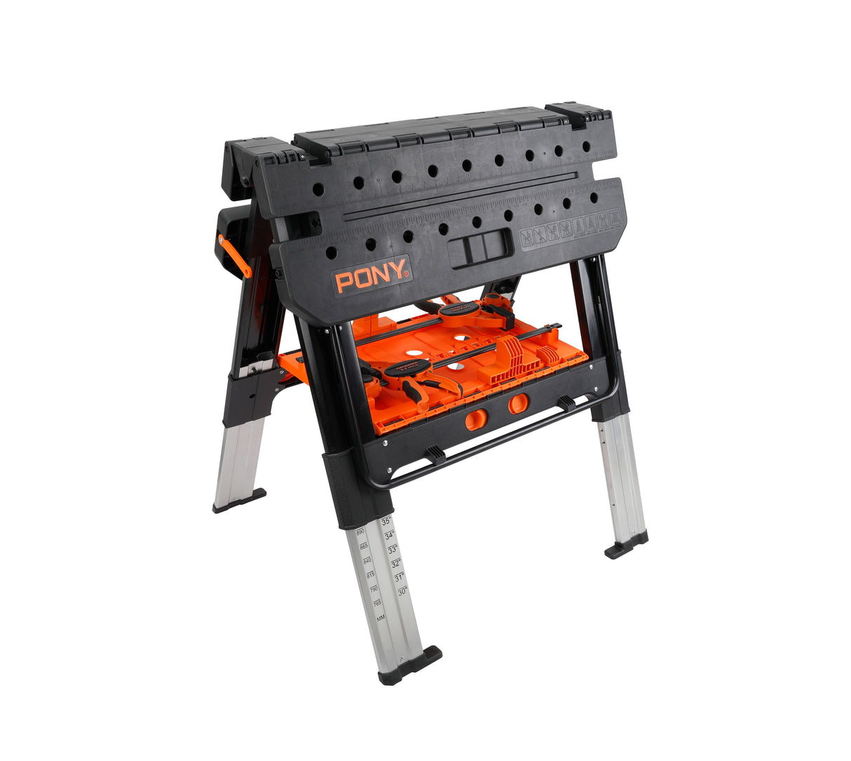 Pony Jorgensen 2-IN-1 Clamping Worktable & Sawhorse with accessories folded for storage