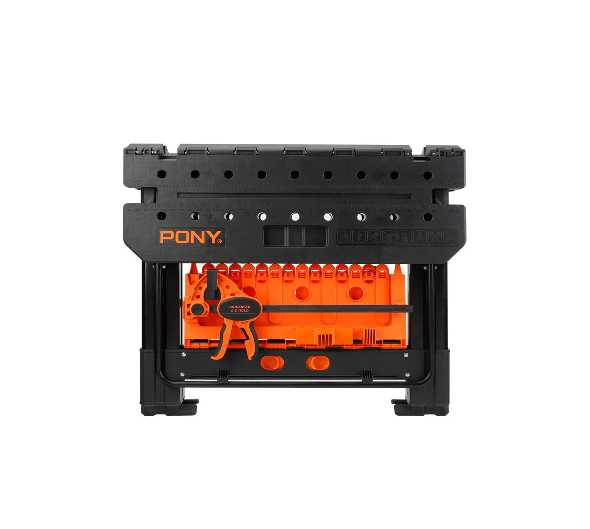 Pony Jorgensen 2-IN-1 Clamping Worktable & Sawhorse with Clamps & Accessories in action, showcasing its sturdy design