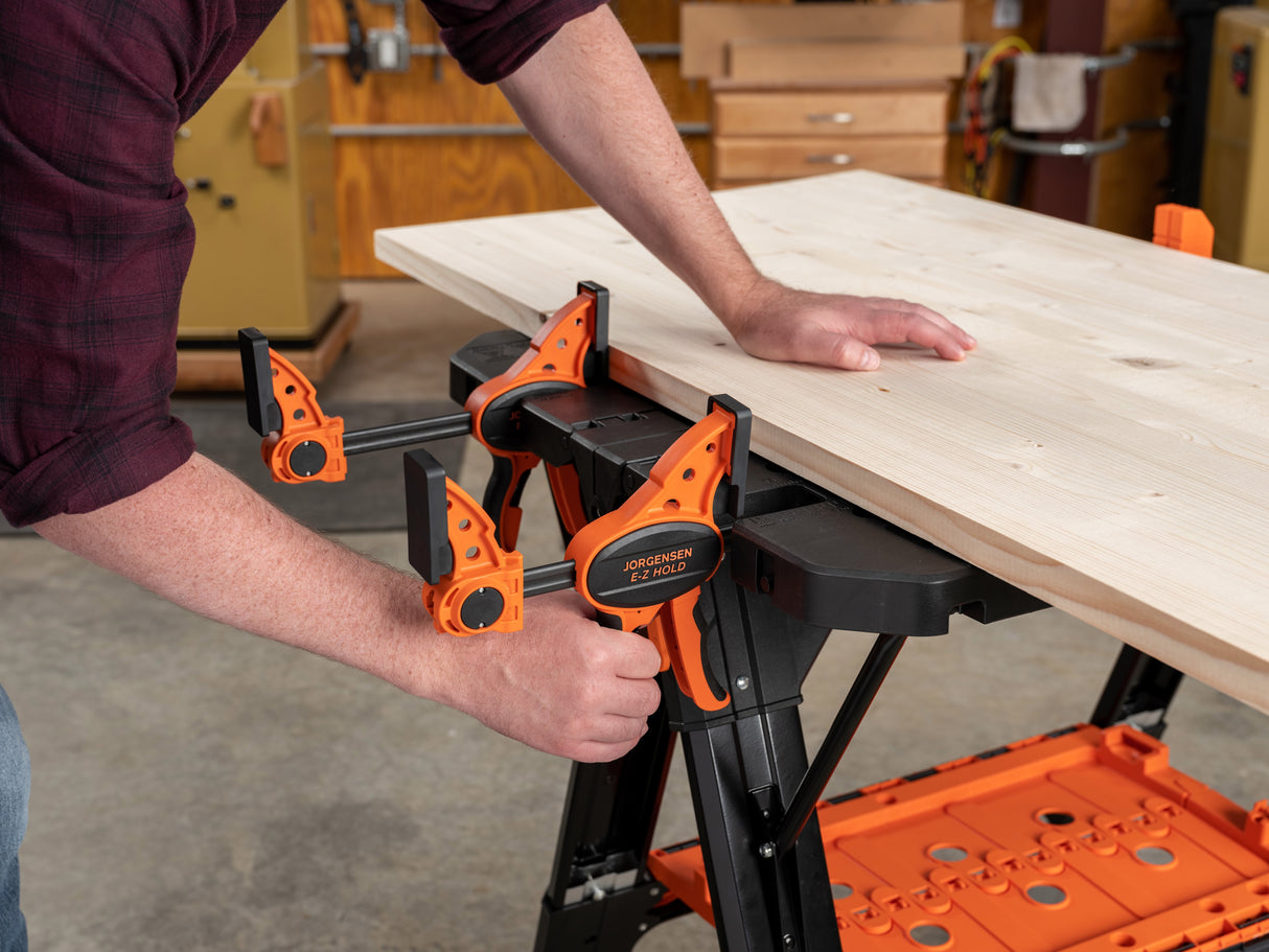 Pony Jorgensen 2-IN-1 Clamping Worktable & Sawhorse with accessories folded for compact storage