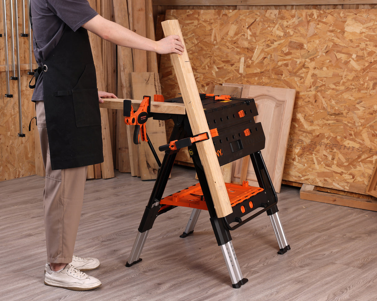 Pony Jorgensen 2-IN-1 Clamping Worktable & Sawhorse in use with accessories