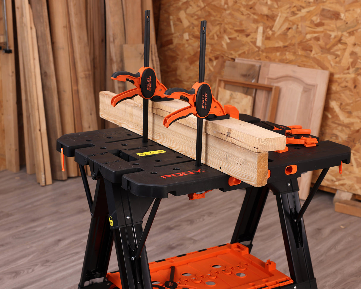 Pony Jorgensen 2-IN-1 Clamping Worktable & Sawhorse in use with accessories