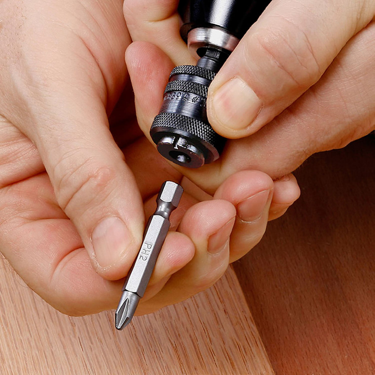 Snappy Quick-Change Drill Chuck 1/4in Hex Driver in action, angled view