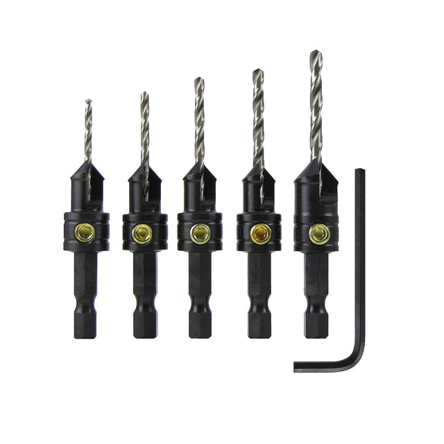 Set of 5 Snappy Goldscrew Countersink Drill Bits, USA-made, for pilot holes and countersinking screws efficiently