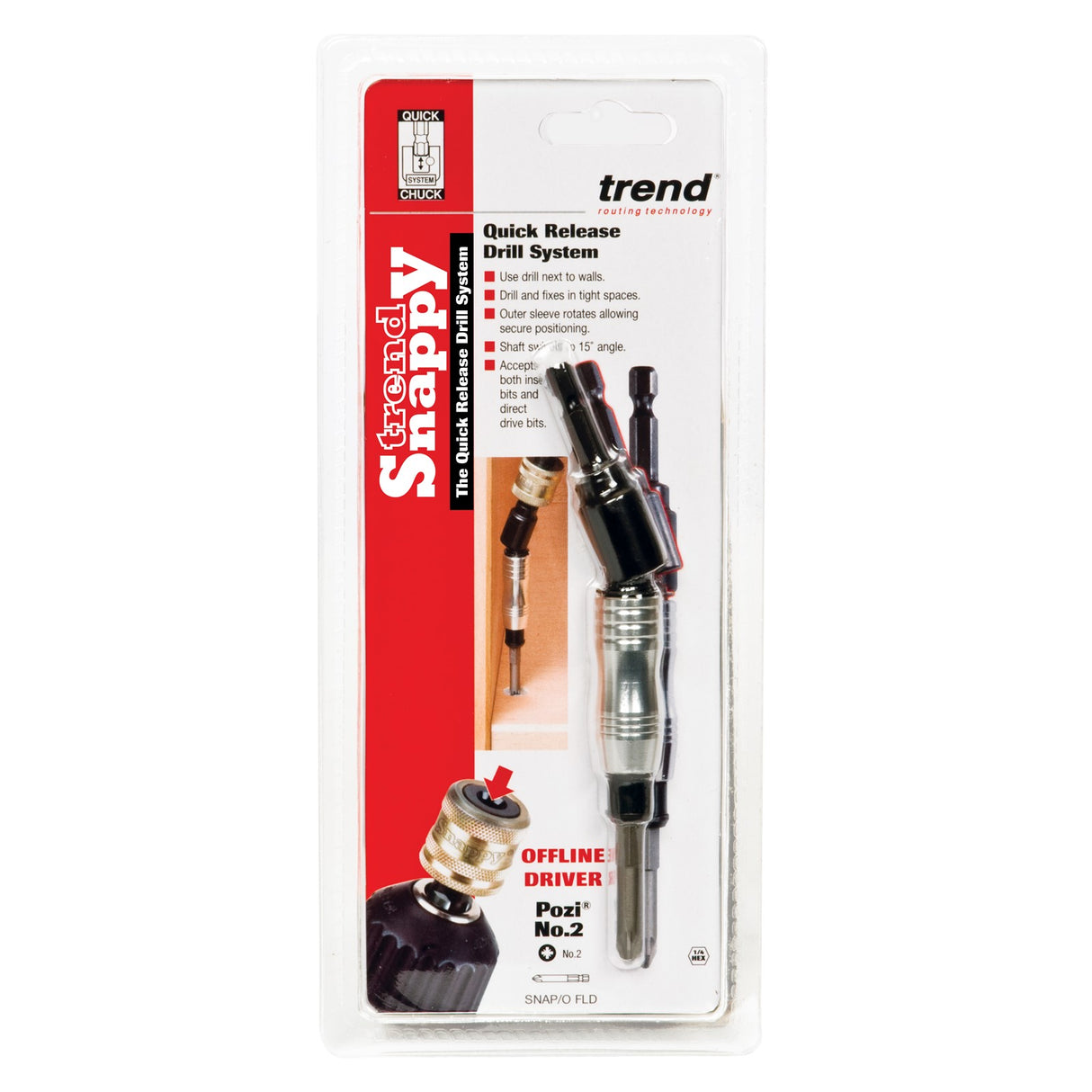 Flexible drill head for Snappy Offline Driver with 1/4in Hex Shank in use near a wall