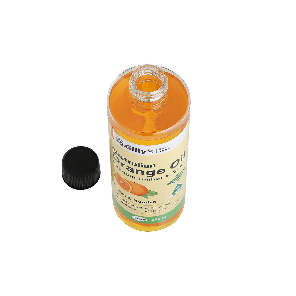 Gilly's Orange Oil Timber Cleaning & Restoring Oil Food Safe 250mL bottle with orange oil and natural ingredients