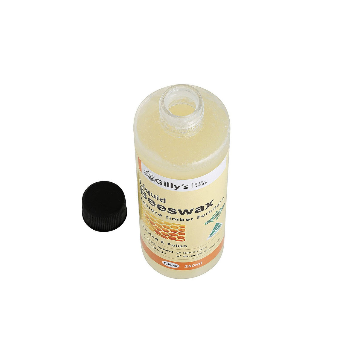 Liquid Beeswax Timber Restorer Food Safe 250mL bottle, ideal for protecting and nourishing timber surfaces, with natural beeswax