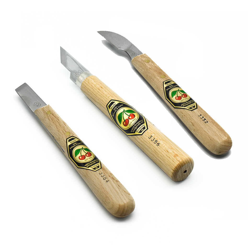 Kirschen Two Cherries Set of 3 Chip Carving Knives with Skew Edge in Storage Pouch